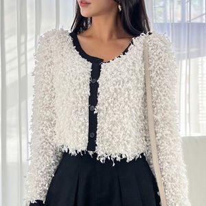 Contrast Trim Button Up Fuzzy Cardigan Jacket